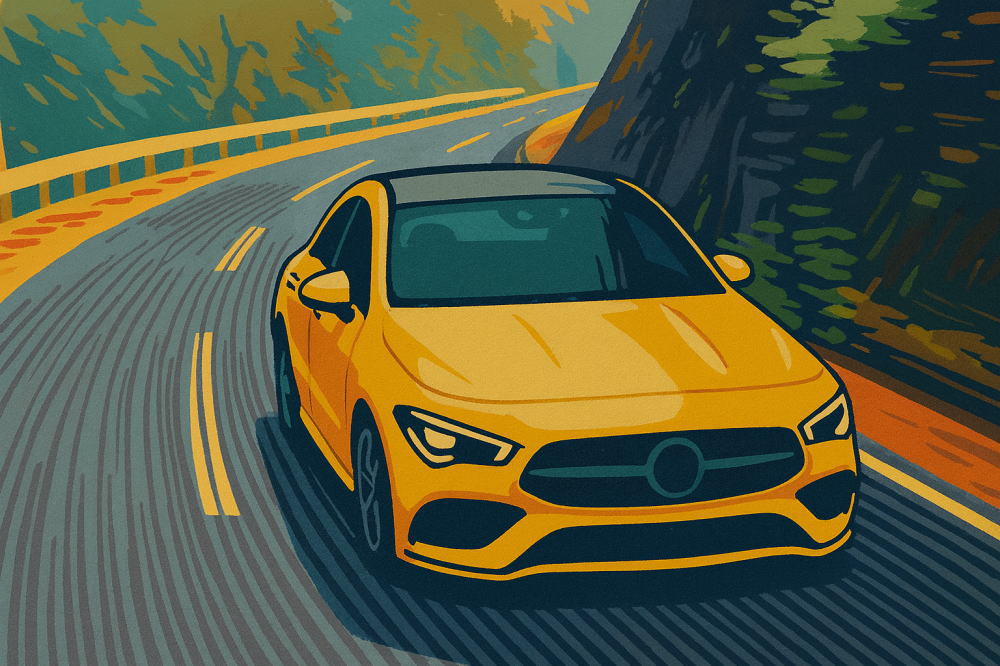 ベンツCLAのイメージイラスト(山道のドライブ)