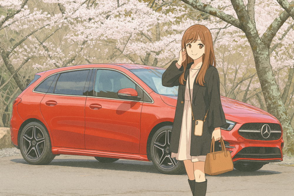 女性とベンツAクラスのイメージイラスト