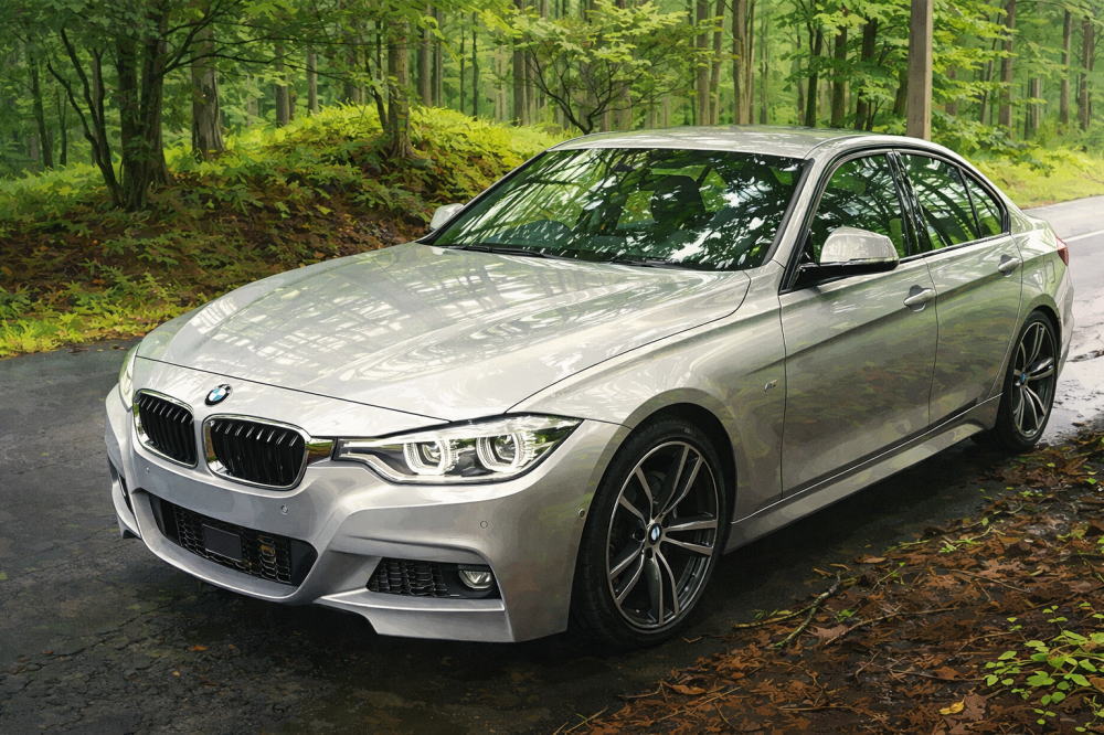 BMW3シリーズのイメージイラスト(森林の道とBMW3)