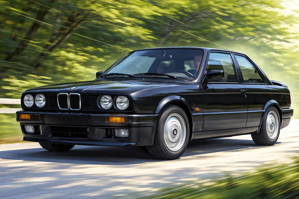 BMW３シリーズのイメージイラスト（林道を走るE30）