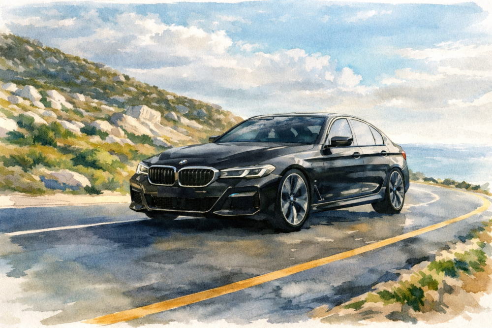 BMW5のイメージイラスト(海沿いの道を走るBMW5)
