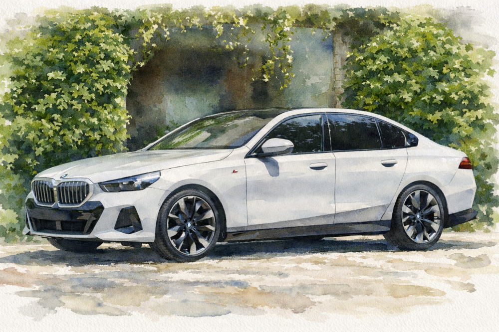 BMW5シリーズのイメージイラスト（緑の塀がある家の前）