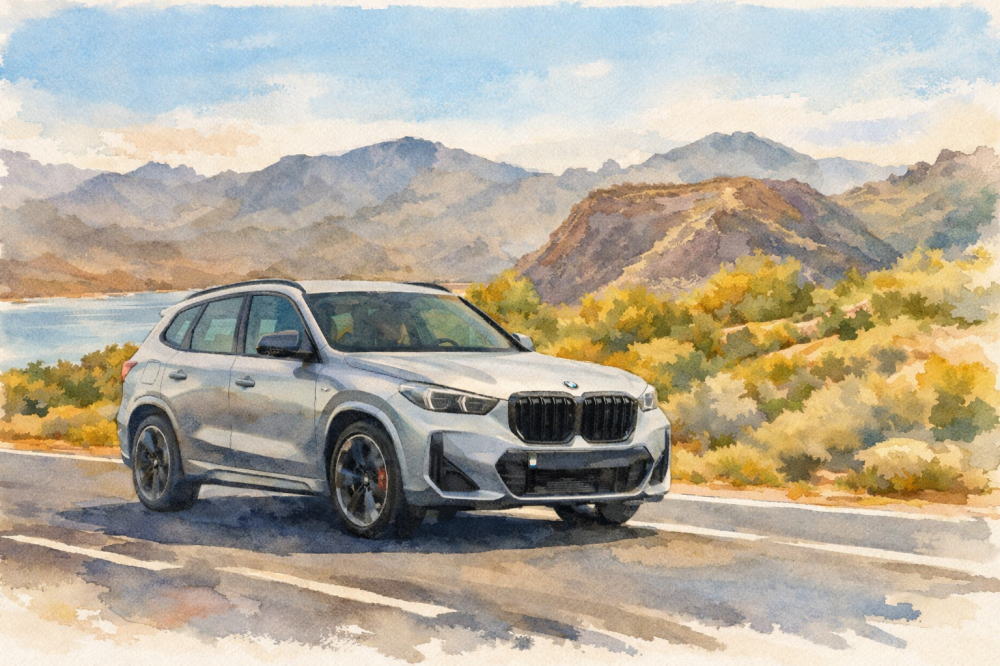 BMW X1のイメージイラスト（山道を走るBMWX1）