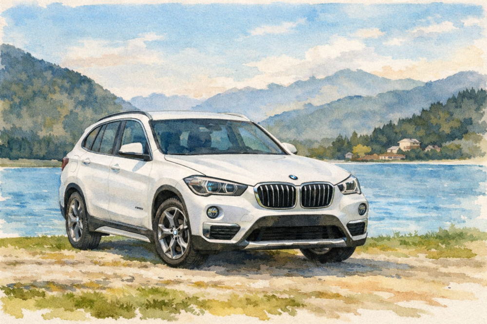 BMW X1のイメージイラスト(湖畔とBMW X1)