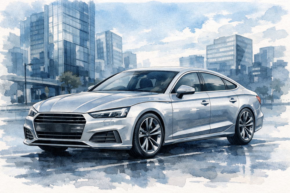 「アウディA5スポーツバックは狭い」を解説する記事用イメージ画像。都会のビル街と高級車風イラスト。