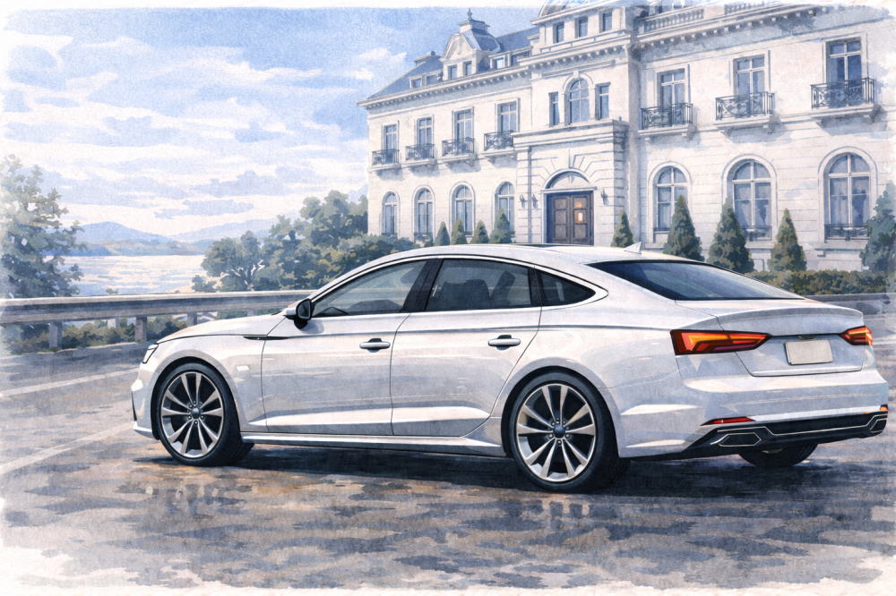 「アウディ中古はやめたほうがいい」を解説する記事用イメージ画像。白い西洋風な建物と高級車風イラスト。