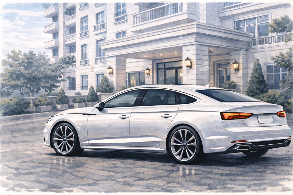 「アウディ中古はやめたほうがいい」を解説する記事用イメージ画像。白いマンションの玄関前と高級車風イラスト。