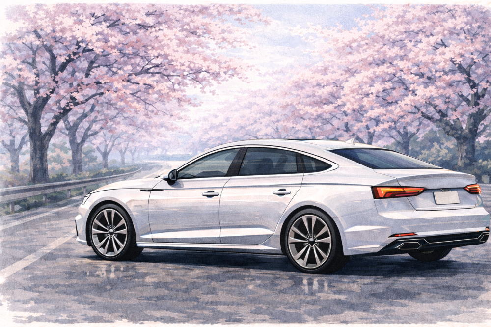 「アウディ中古はやめたほうがいい」を解説する記事用イメージ画像。桜並木と高級車風イラスト。