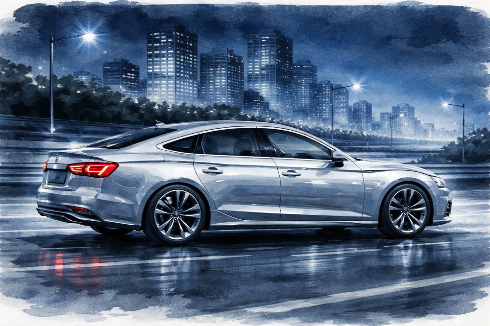 「アウディA5スポーツバックは狭い」を解説する記事用イメージ画像。夜の高速道路と高級車風イラスト。