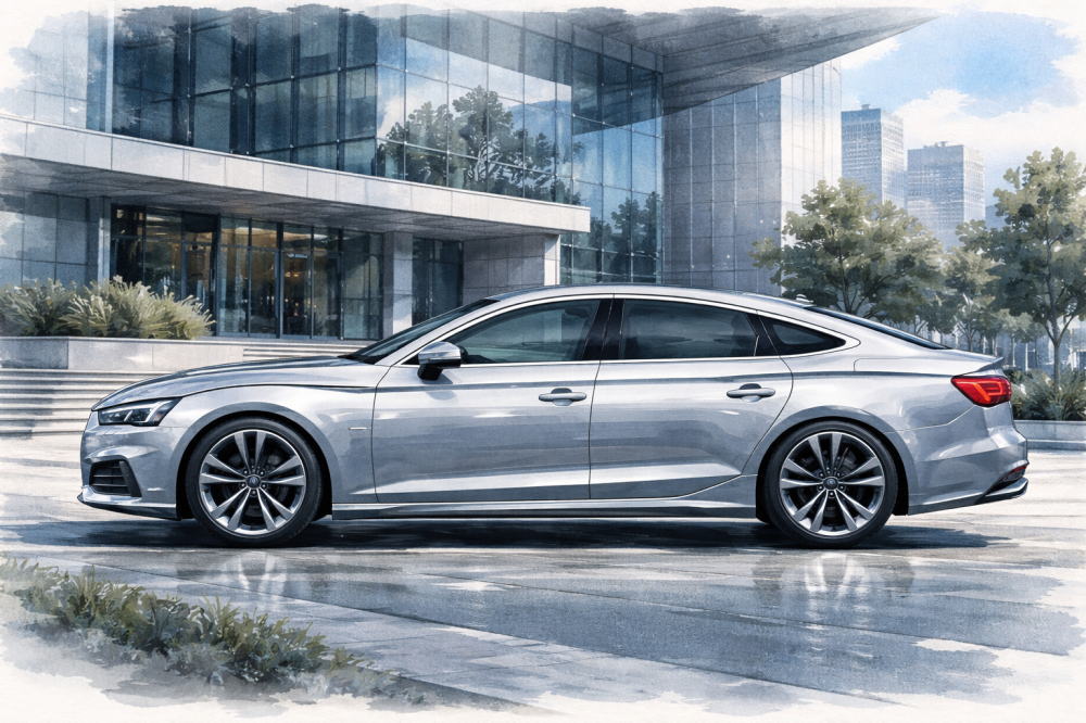 「アウディA5スポーツバックは狭い」を解説する記事用イメージ画像。モダン建築の前と高級車風イラスト。