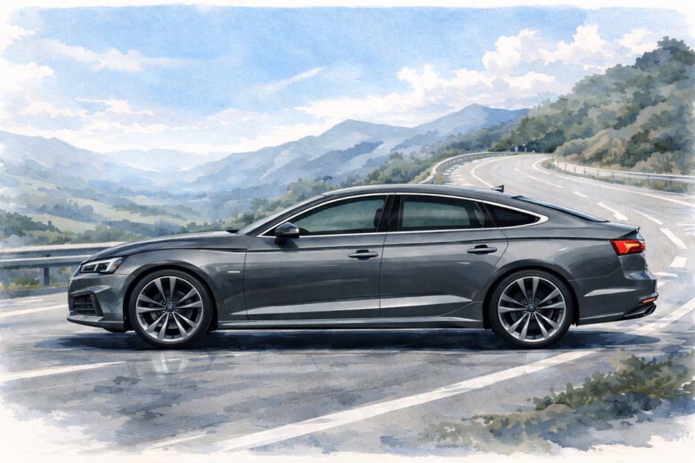 「アウディA5スポーツバックの評価」を解説する記事用イメージ画像。晴天のワインディングロードと高級車風イラスト。