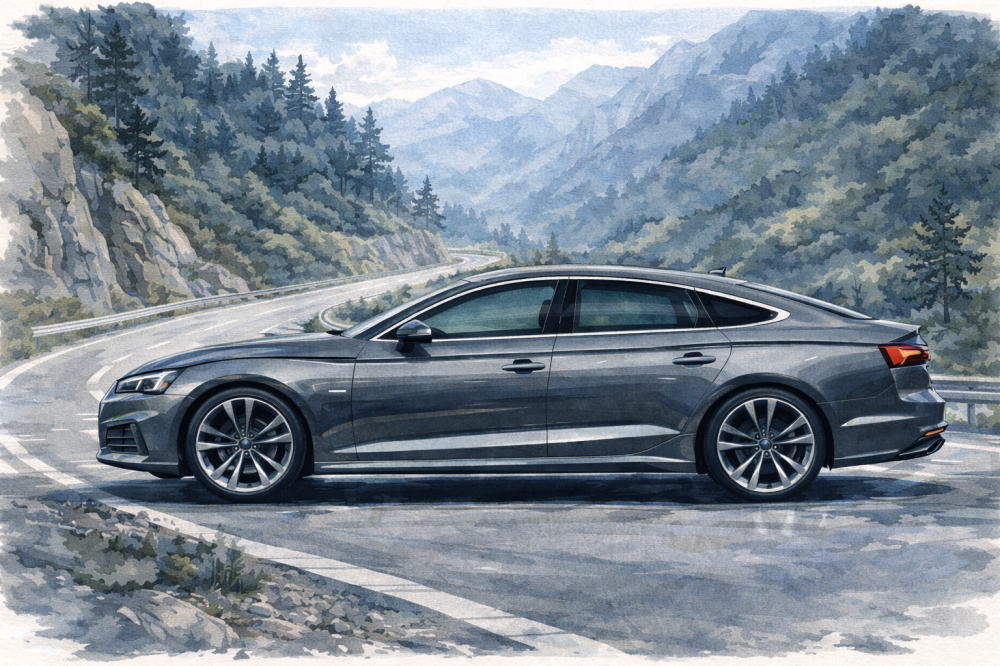 「アウディA5スポーツバックの評価」を解説する記事用イメージ画像。山道と高級車風イラスト。