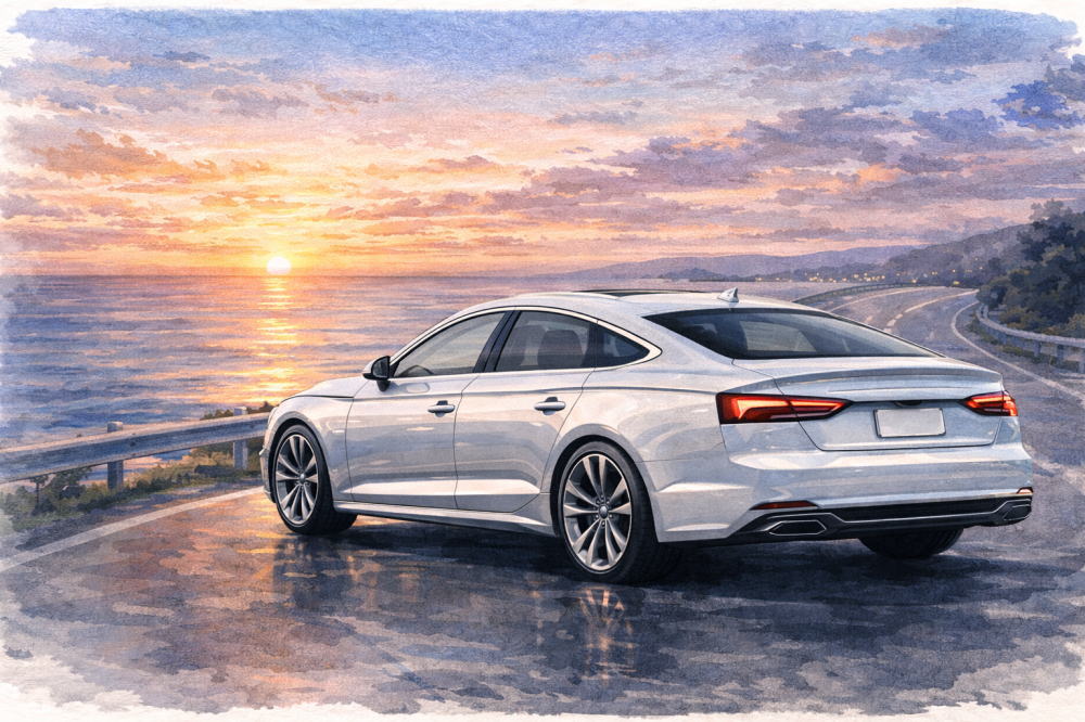 「アウディA5スポーツバックの評価」を解説する記事用イメージ画像。夕焼けの海沿いと高級車風イラスト。