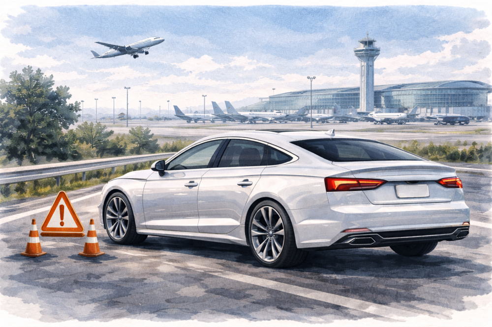 「アウディA5スポーツバックは故障多い」を解説する記事用イメージ画像。空港が見える景色と高級車風イラスト。