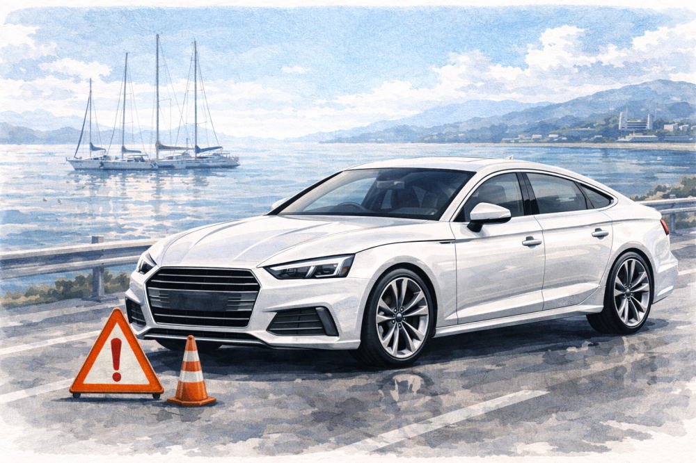 「アウディA5スポーツバックは故障多い」を解説する記事用イメージ画像。ヨットが見える景色と高級車風イラスト。
