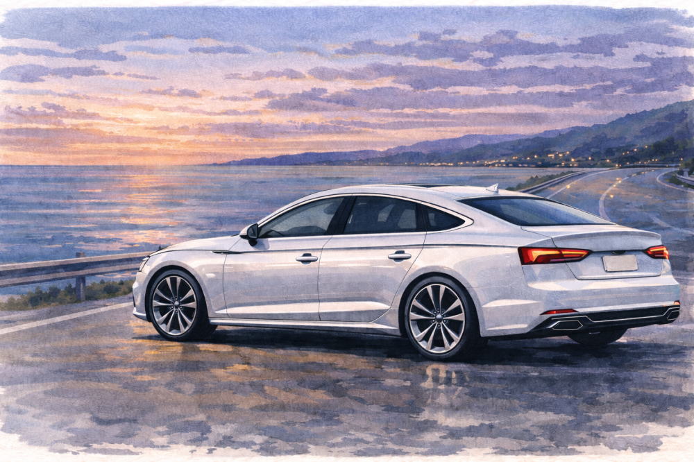 「アウディA5スポーツバックは故障多い」を解説する記事用イメージ画像。夕暮れの海沿い道路と高級車風イラスト。