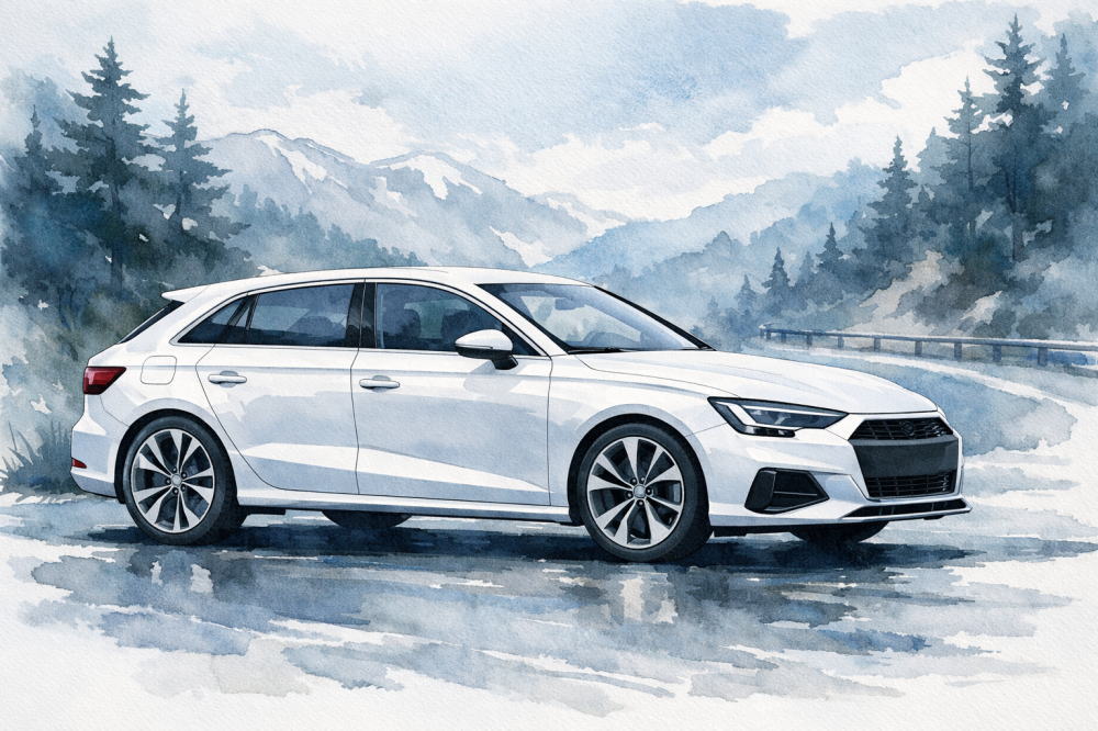 「アウディA3中古の注意点」を解説する記事用イメージ画像。静かな山道と高級車風イラスト。