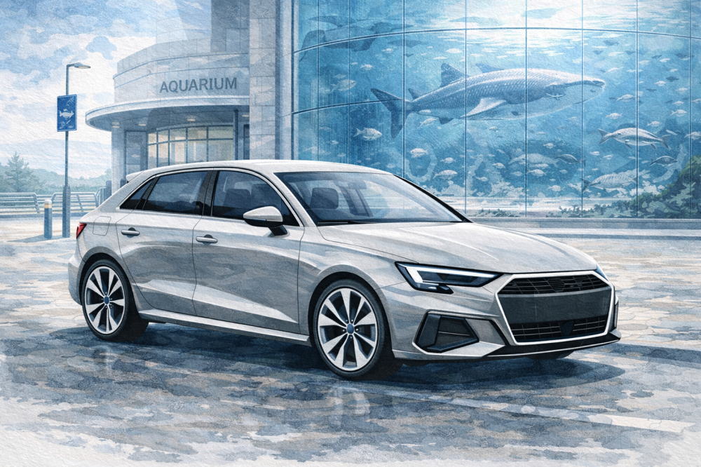 「アウディA1中古の注意点」を解説する記事用イメージ画像。水族館の見える風景と高級車風イラスト。