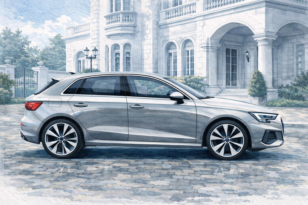 「アウディA1中古の注意点」を解説する記事用イメージ画像。白い西洋風な建物と高級車風イラスト。