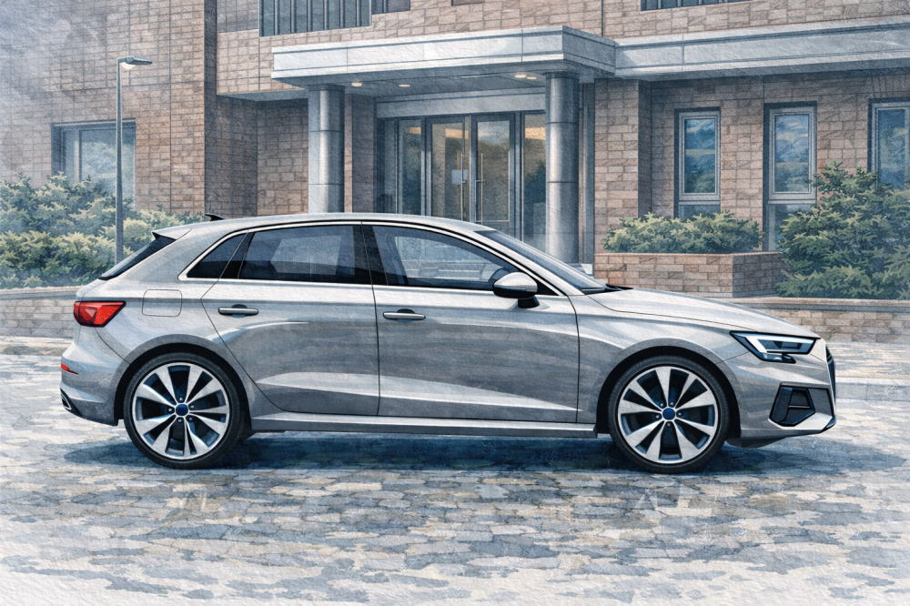 「アウディA1中古の注意点」を解説する記事用イメージ画像。茶色のマンションの玄関前と高級車風イラスト。