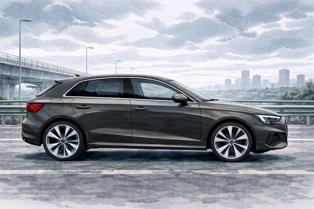 「アウディA1は安っぽい」を解説する記事用イメージ画像。曇り空の高速道路と高級車風イラスト。