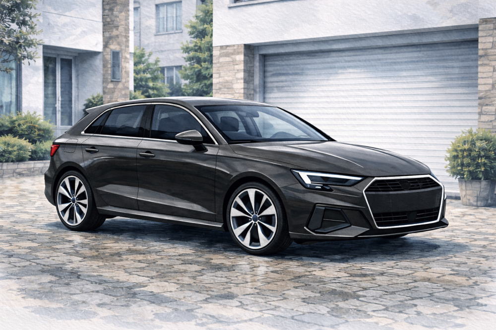 「アウディA1は安っぽい」を解説する記事用イメージ画像。石畳のある住宅の駐車場と高級車風イラスト。