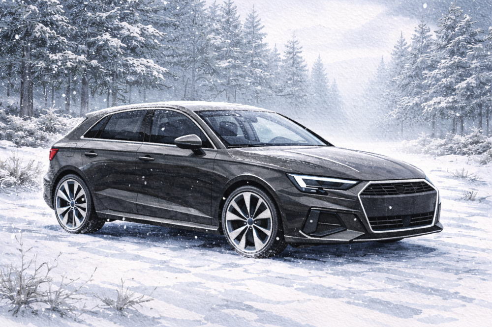 「アウディA1は安っぽい」を解説する記事用イメージ画像。雪が降り続く様子と高級車風イラスト。