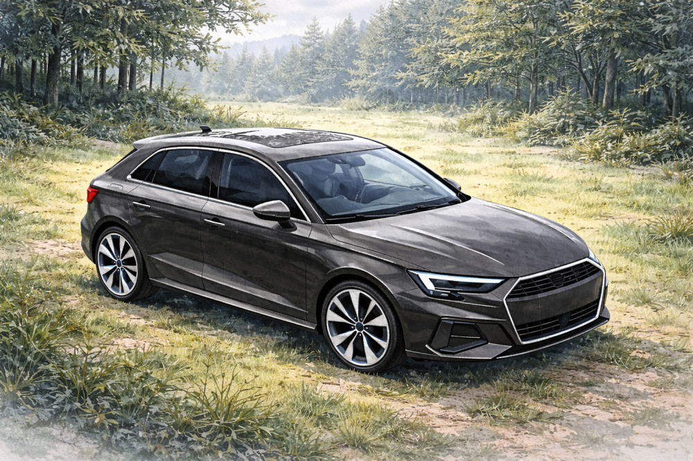 「アウディA1で後悔」を解説する記事用イメージ画像。森に囲まれた野原と高級車風イラスト。