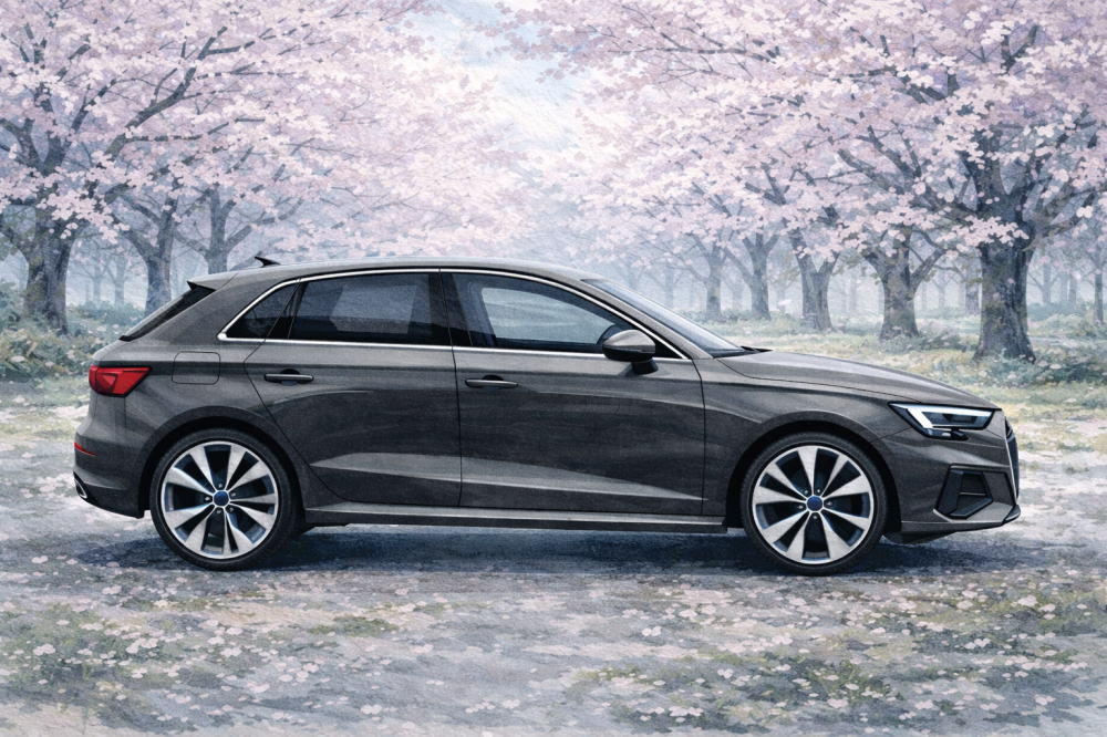 「アウディA1で後悔」を解説する記事用イメージ画像。桜並木と高級車風イラスト。