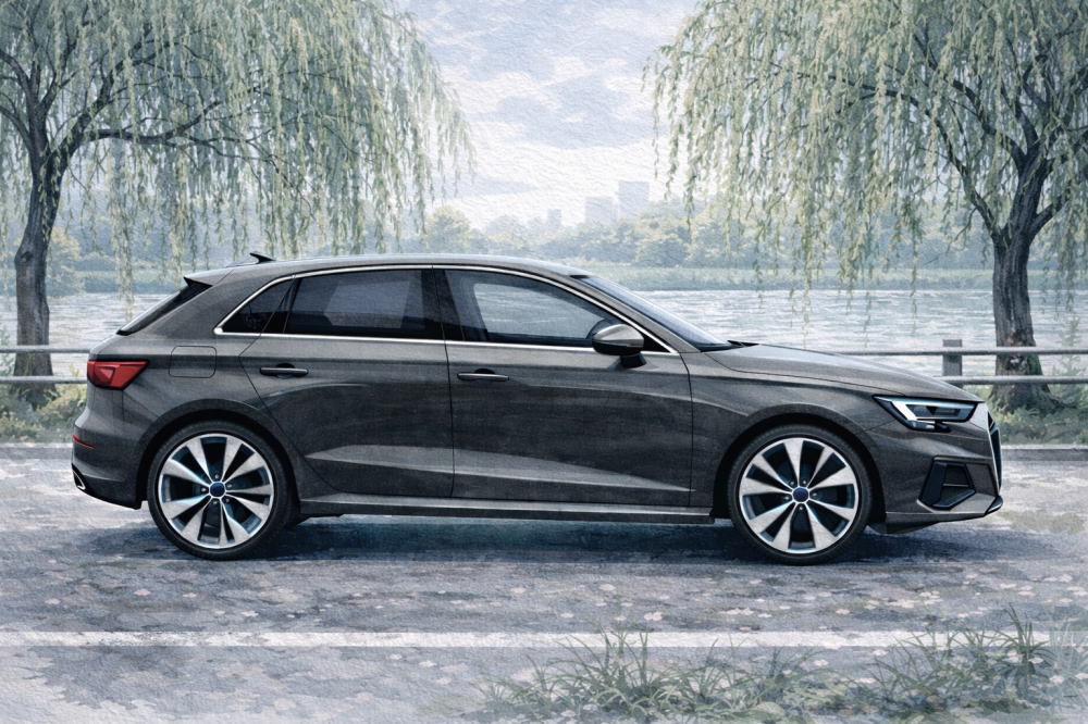 「アウディA1で後悔」を解説する記事用イメージ画像。枝垂れ柳の川沿い道路と高級車風イラスト。