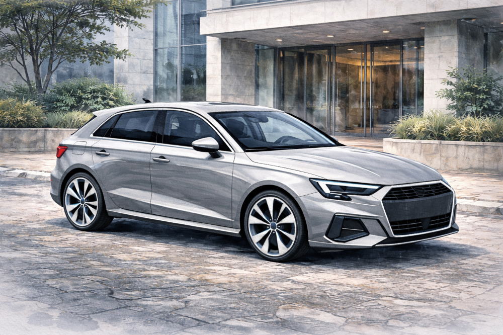 「アウディ中古のデメリット」を解説する記事用イメージ画像。モダン建築の前と高級車風イラスト。