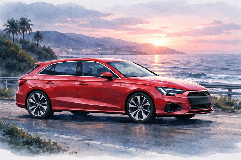 「アウディA3中古の注意点」を解説する記事用イメージ画像。夕焼けの海沿いと高級車風イラスト。