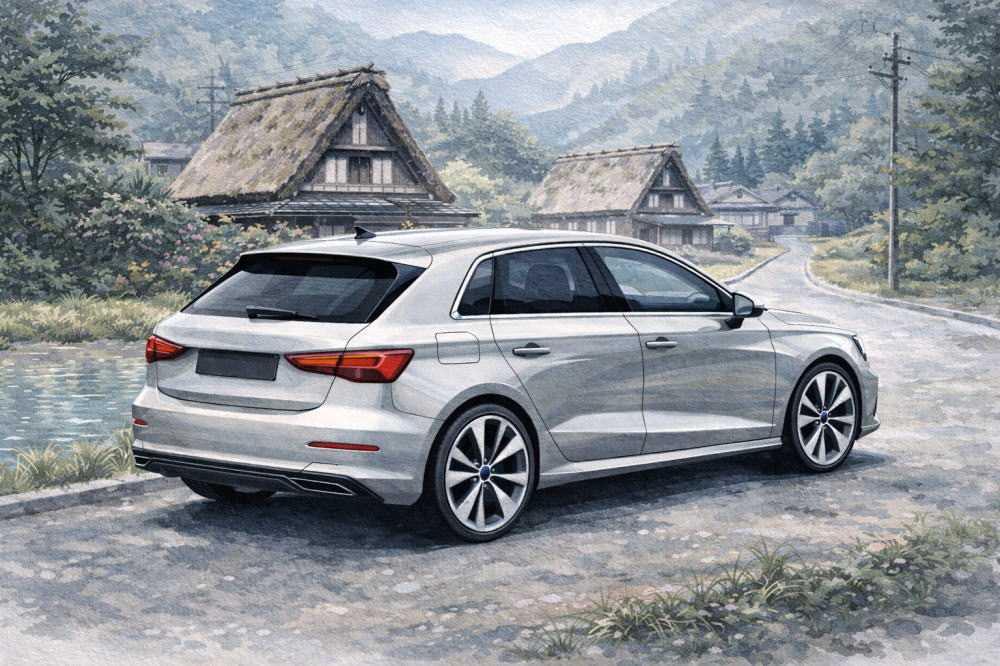 「アウディ中古のデメリット」を解説する記事用イメージ画像。古民家の見える風景と高級車風イラスト。