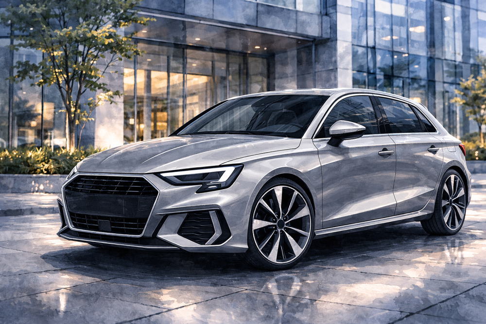 「アウディ中古のデメリット」を解説する記事用イメージ画像。オフィスビルの前と高級車風イラスト。