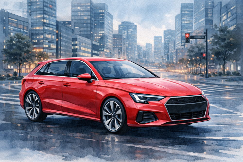 「アウディA3中古の注意点」を解説する記事用イメージ画像。都会のビル街と高級車風イラスト。