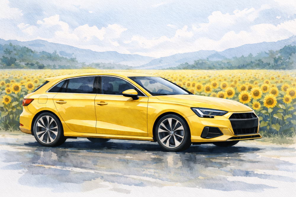 「アウディA3は「貧乏」に見える」を解説する記事用イメージ画像。ひまわり畑と高級車風イラスト。