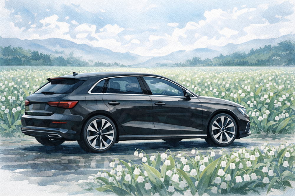 「アウディA3は「貧乏」に見える」を解説する記事用イメージ画像。すずらんの畑と高級車風イラスト。