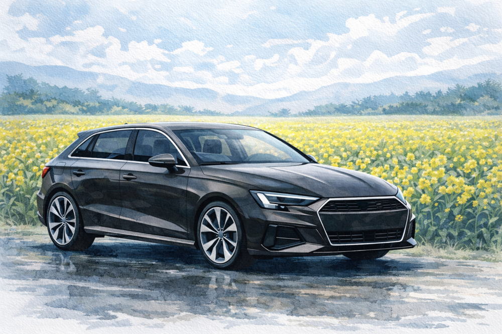 「アウディA3は「貧乏」に見える」を解説する記事用イメージ画像。菜の花畑と高級車風イラスト。