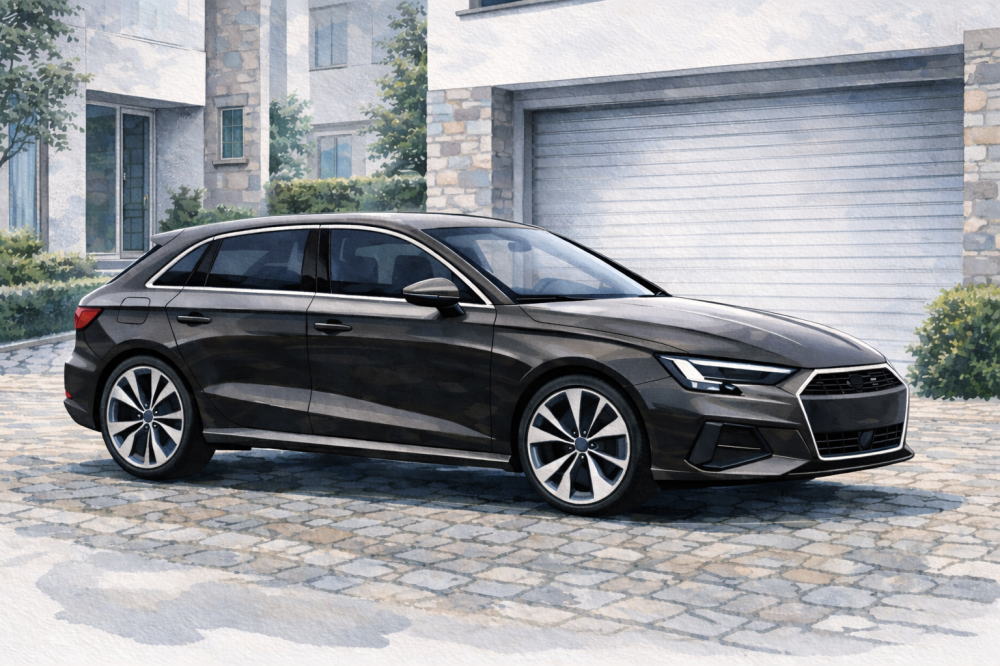 「アウディA3で後悔」を解説する記事用イメージ画像。石畳のある住宅の駐車場と高級車風イラスト。