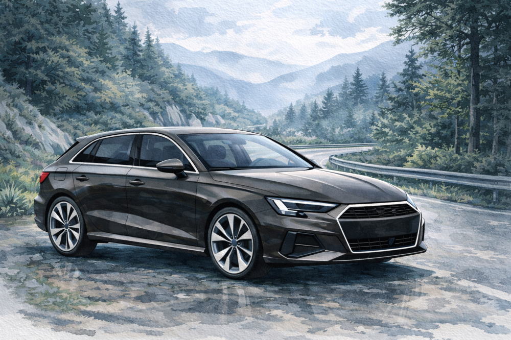 「アウディA3で後悔」を解説する記事用イメージ画像。静かな山道と高級車風イラスト。