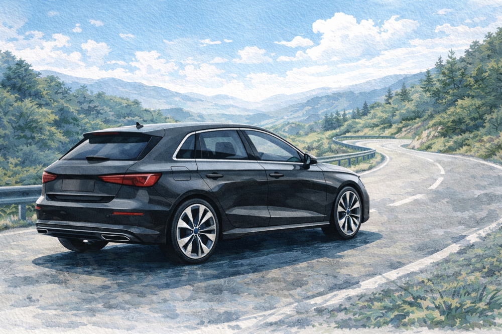 「アウディA3で後悔」を解説する記事用イメージ画像。晴天のワインディングロードと高級車風イラスト。