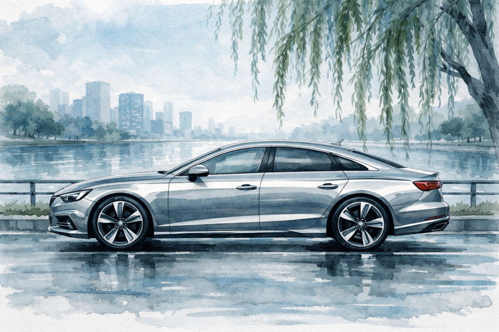 「アウディ中古が安い理由」を解説する記事用イメージ画像。枝垂れ柳の川沿い道路と高級車風イラスト。