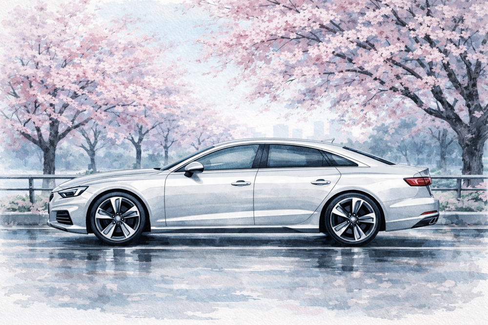 「アウディ中古が安い理由」を解説する記事用イメージ画像。桜並木と高級車風イラスト。