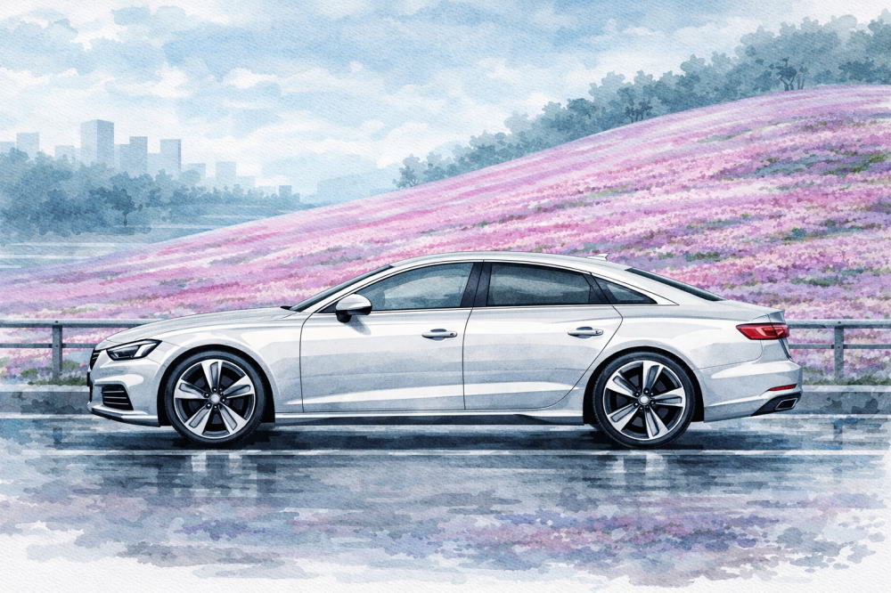 「アウディ中古が安い理由」を解説する記事用イメージ画像。芝桜の丘陵と高級車風イラスト。