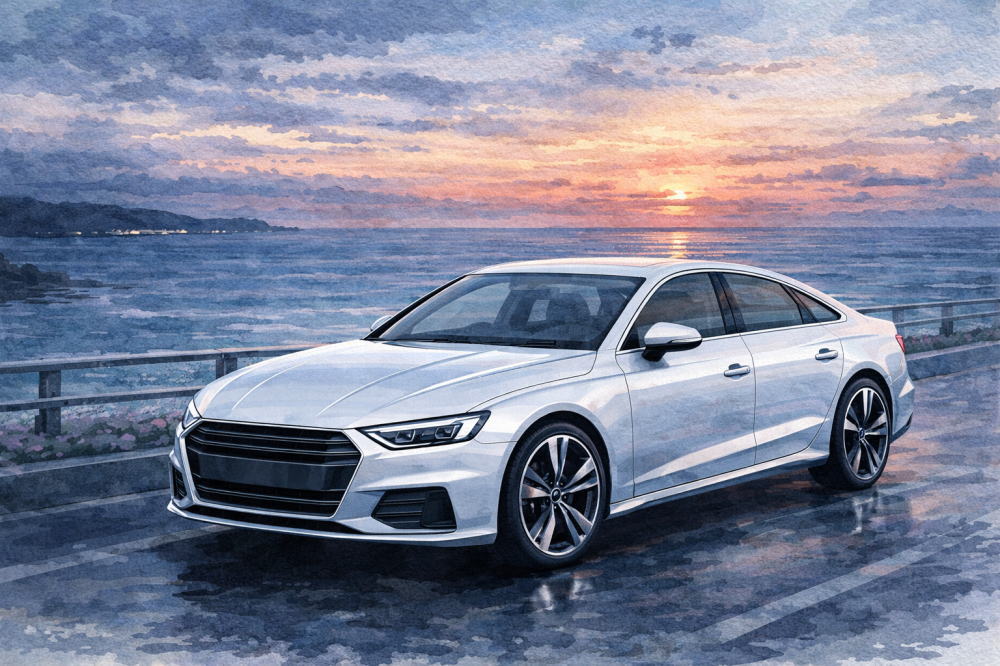 「アウディ中古で後悔」を解説する記事用イメージ画像。夕暮れの海沿い道路と高級車風イラスト。