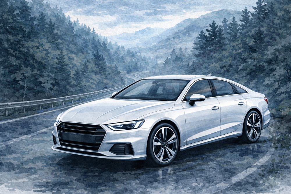 「アウディ中古で後悔」を解説する記事用イメージ画像。静かな山道と高級車風イラスト。