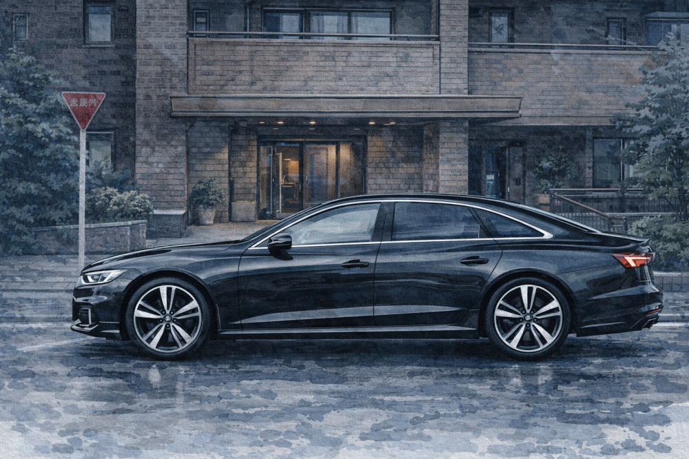 「アウディは「やめとけ」」を解説する記事用イメージ画像。茶色のマンションの玄関前と高級車風イラスト。