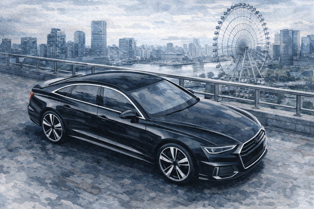 「アウディは「やめとけ」」を解説する記事用イメージ画像。観覧車の見える風景と高級車風イラスト。