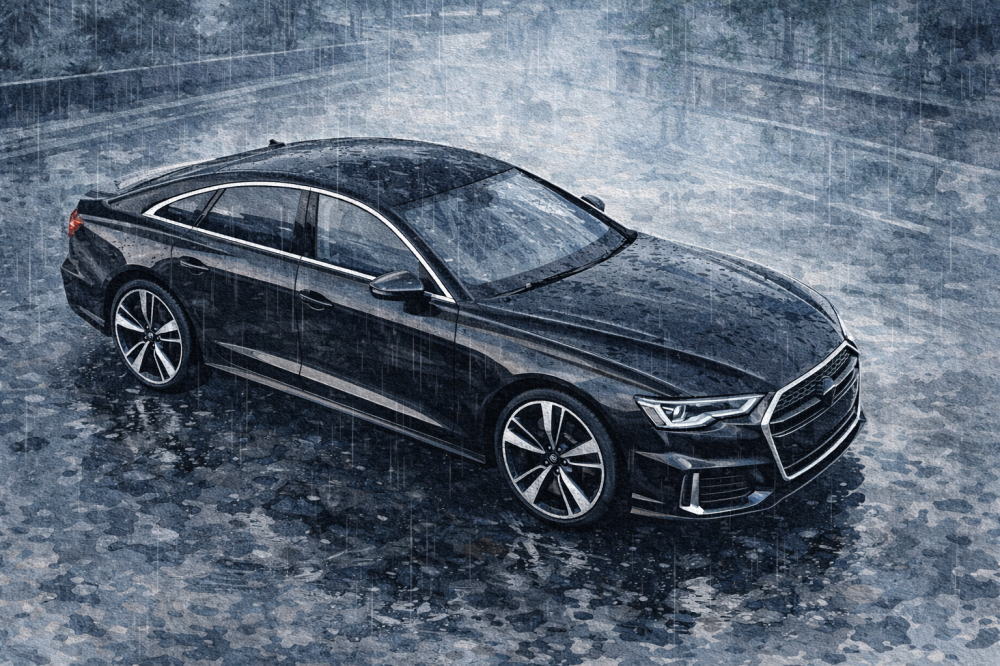 「アウディは「やめとけ」」を解説する記事用イメージ画像。雨に濡れる様子と高級車風イラスト。