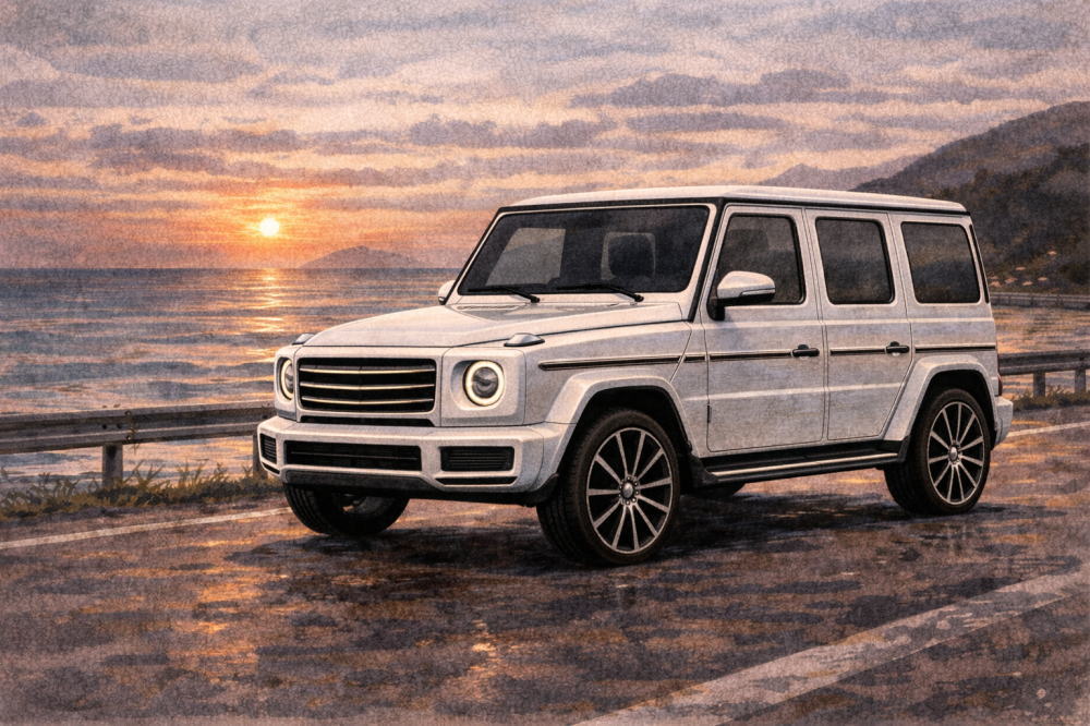 ベンツゲレンデはなぜ高いを解説する記事用イメージ画像。海沿い道路を走る白の高級車風イラスト